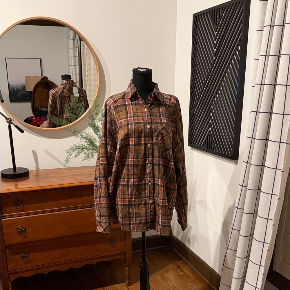 Aemi + Co Cozy Plaid Button-Up Shirt in Brown and Orange medium